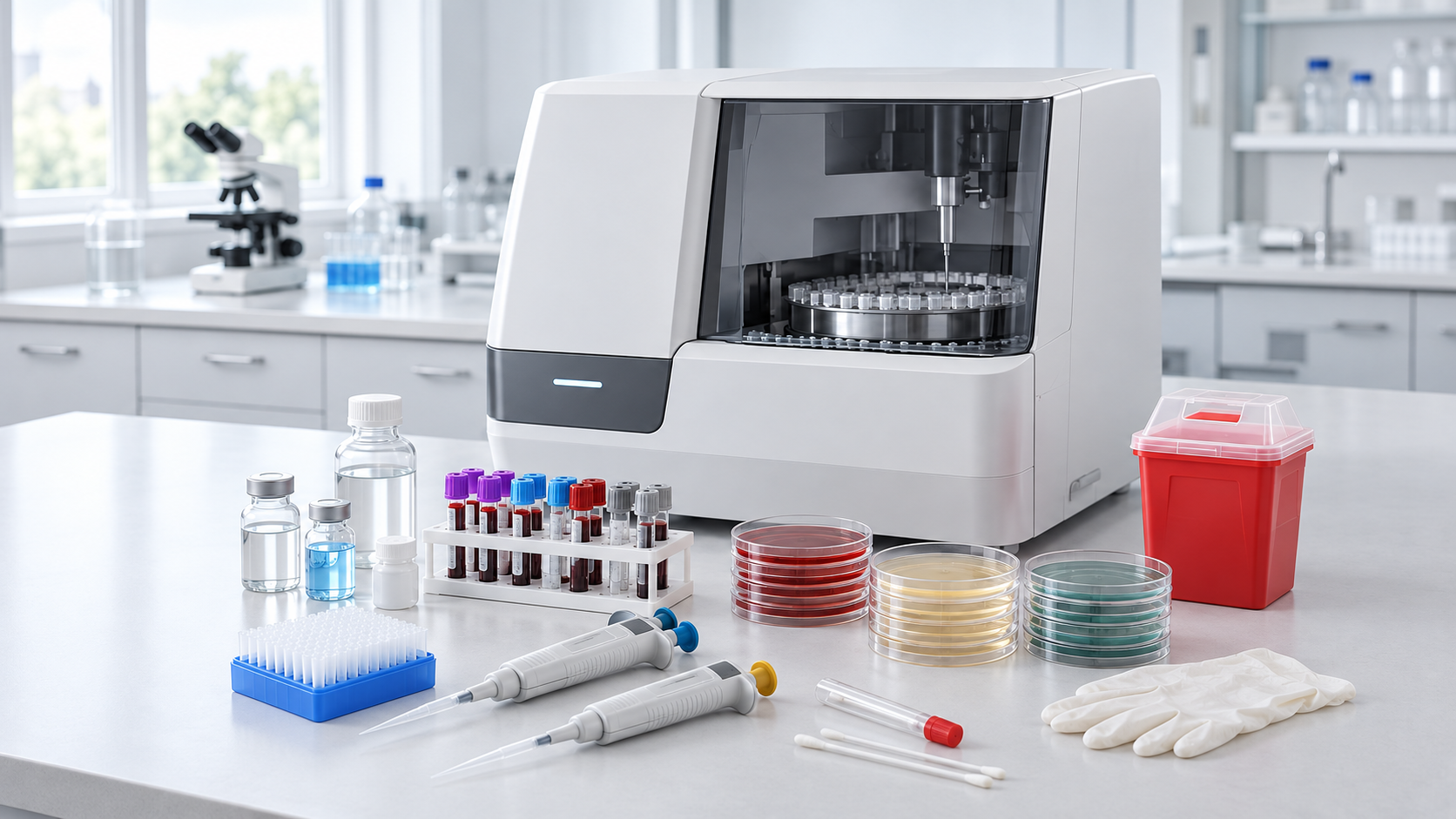 Analizador de laboratorio con reactivos, materiales y consumibles completos sobre una mesa amplia